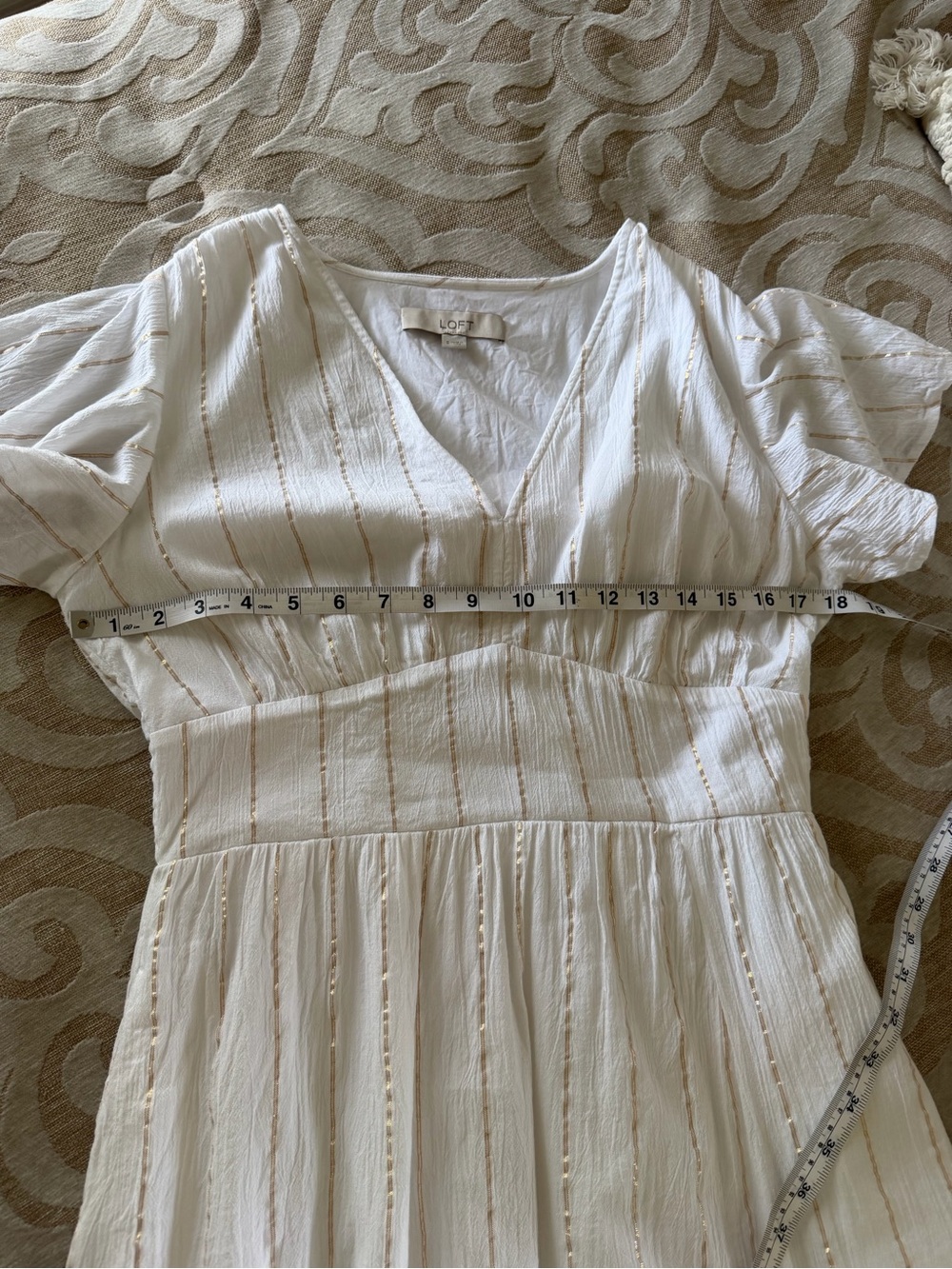 LOFT White Gold Metallic Stripe Flutter Sleeve Maxi Dress S - Picture 8 of 12